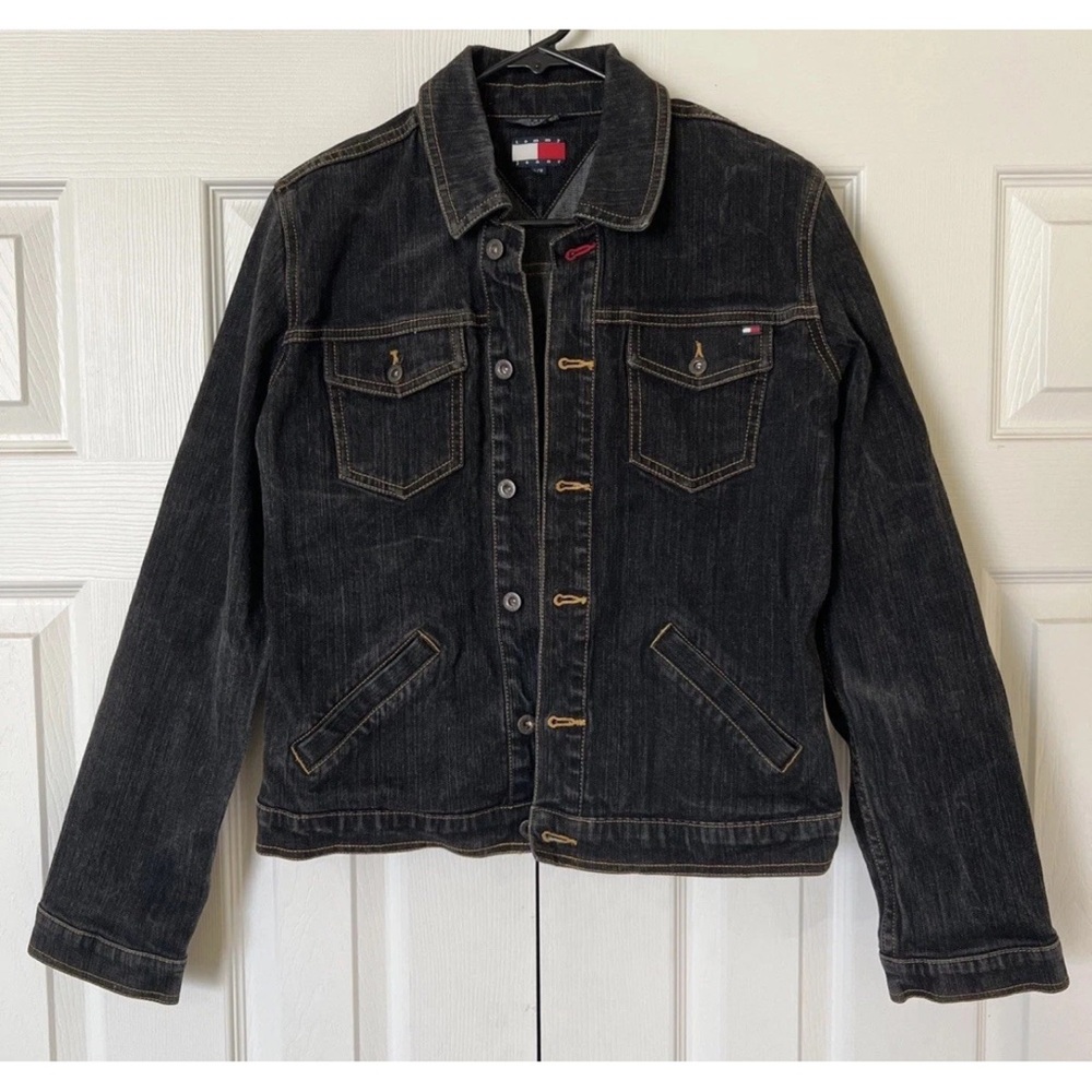 Vintage Y2K Tommy Hilfiger Jeans Black Denim Trucker Jacket Woman's Sz L